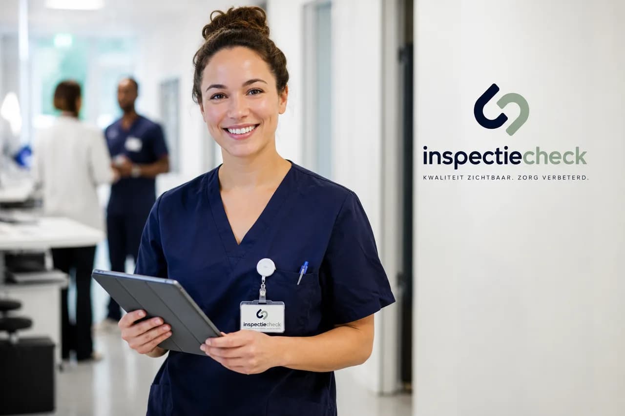 Zorgverlener met een tablet, op de achtergrond het logo van Inspectiecheck